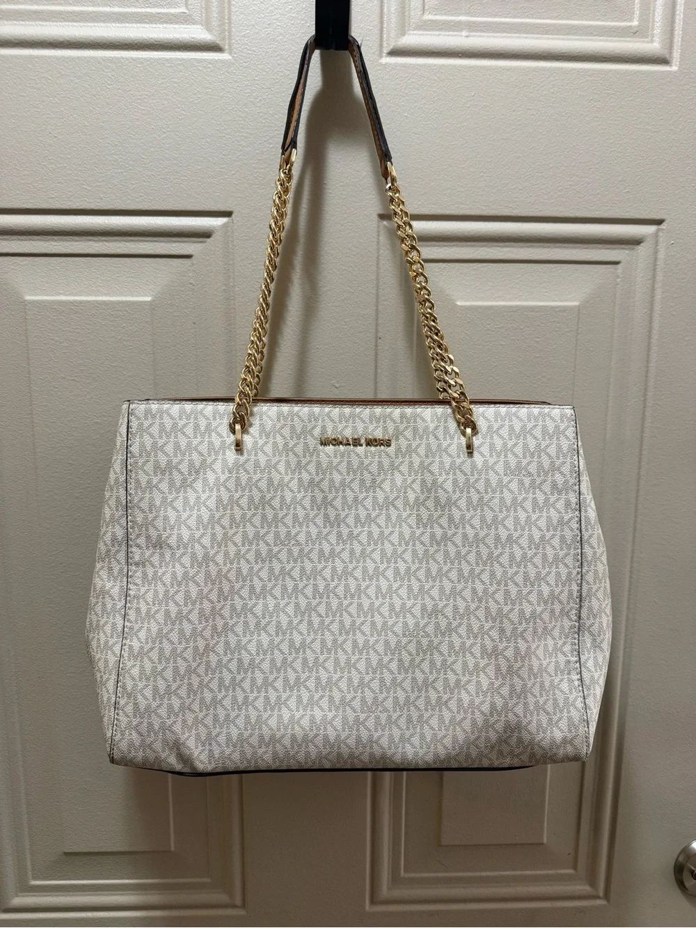 Michael Kors Jet Set Large Chain Shoulder Tote Bag Vanilla Acorn w wallet